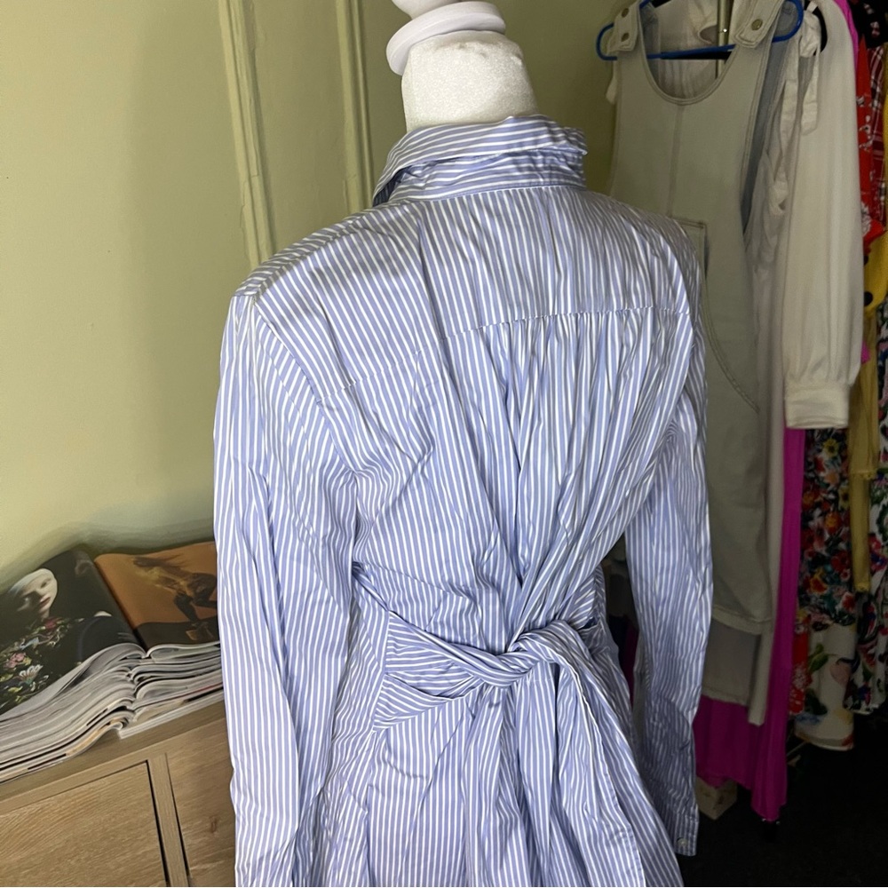 ANN TAYLOR Blue & White Seersucker Stripe Wrap Button Down Modest Midi Dress M - Picture 13 of 16
